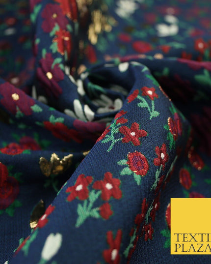 Navy Blue Floral Garden Metallic Creased Textured Brocade Jacquard Fabric 8200