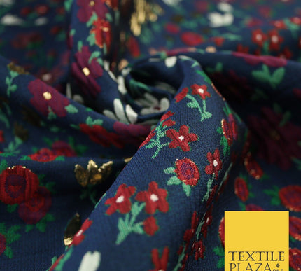 Navy Blue Floral Garden Metallic Creased Textured Brocade Jacquard Fabric 8200