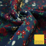 Navy Blue Floral Garden Metallic Creased Textured Brocade Jacquard Fabric 8200