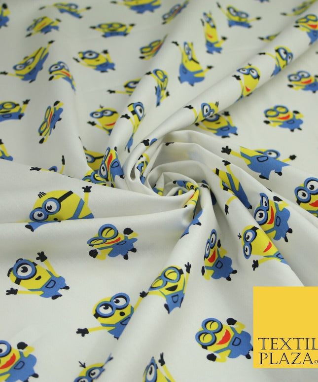 White Blue Cheeky DESPICABLE ME MINIONS Novelty Digital Print 100% Cotton Fabric