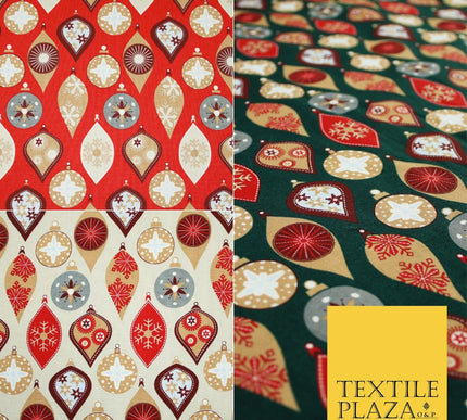 3 COLOURS - Festive Christmas Baubles Decorative Xmas Printed 100% Cotton Fabric
