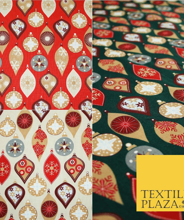 3 COLOURS - Festive Christmas Baubles Decorative Xmas Printed 100% Cotton Fabric