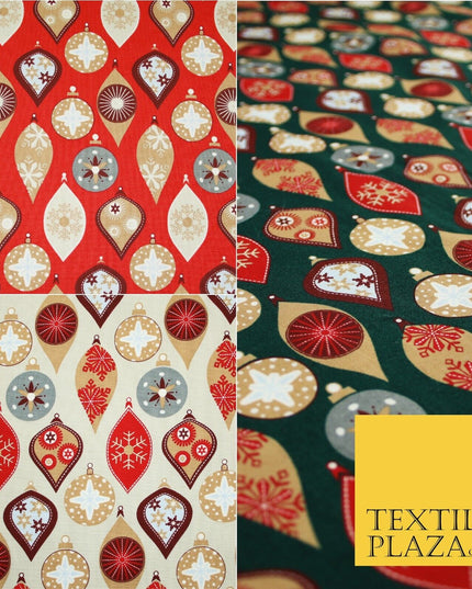 3 COLOURS - Festive Christmas Baubles Decorative Xmas Printed 100% Cotton Fabric