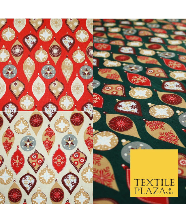 3 COLOURS - Festive Christmas Baubles Decorative Xmas Printed 100% Cotton Fabric