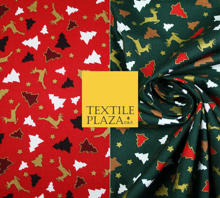 RED / GREEN GOLD Festive Trees Reindeers Stars Xmas Printed 100% Cotton Fabric