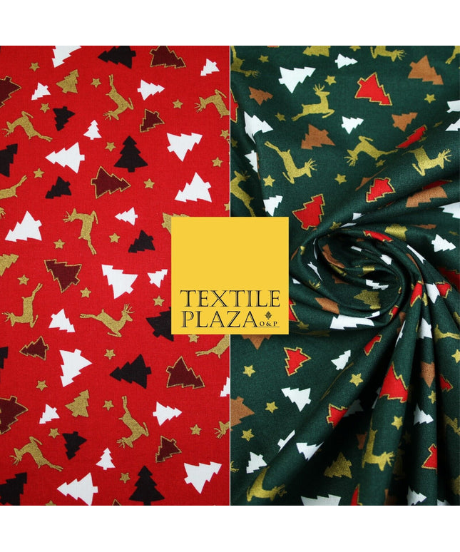 RED / GREEN GOLD Festive Trees Reindeers Stars Xmas Printed 100% Cotton Fabric
