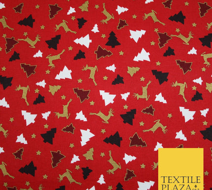 RED / GREEN GOLD Festive Trees Reindeers Stars Xmas Printed 100% Cotton Fabric