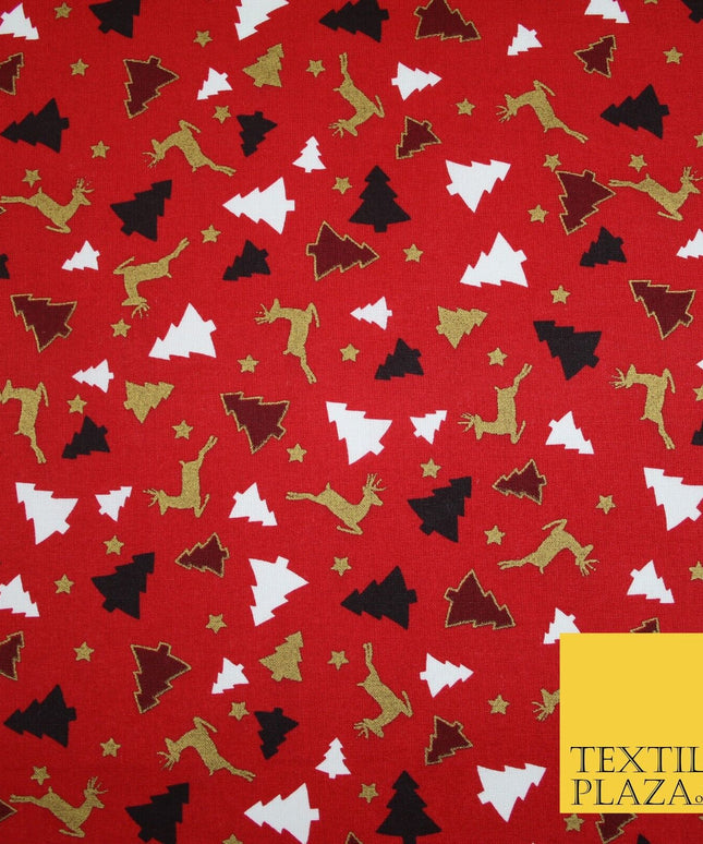 RED / GREEN GOLD Festive Trees Reindeers Stars Xmas Printed 100% Cotton Fabric
