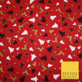 RED / GREEN GOLD Festive Trees Reindeers Stars Xmas Printed 100% Cotton Fabric