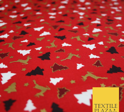 RED / GREEN GOLD Festive Trees Reindeers Stars Xmas Printed 100% Cotton Fabric