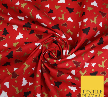 RED / GREEN GOLD Festive Trees Reindeers Stars Xmas Printed 100% Cotton Fabric