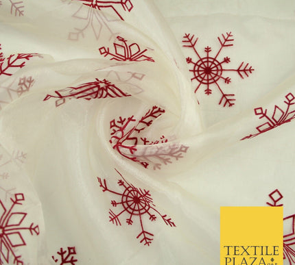 Ivory Maroon Large Flocked Snowflakes Organza Festive Christmas Fabric 58" 8234
