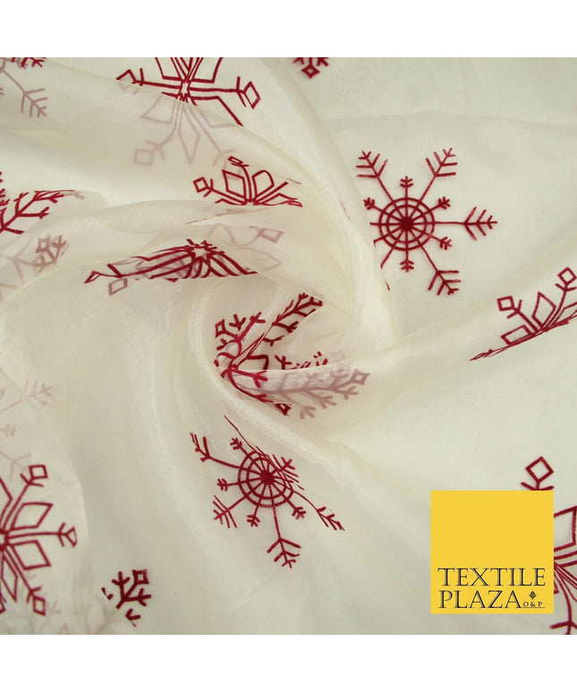Ivory Maroon Large Flocked Snowflakes Organza Festive Christmas Fabric 58" 8234