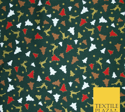 RED / GREEN GOLD Festive Trees Reindeers Stars Xmas Printed 100% Cotton Fabric