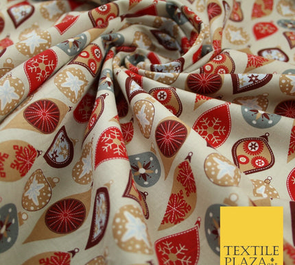 3 COLOURS - Festive Christmas Baubles Decorative Xmas Printed 100% Cotton Fabric