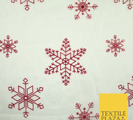 Ivory Maroon Large Flocked Snowflakes Organza Festive Christmas Fabric 58" 8234