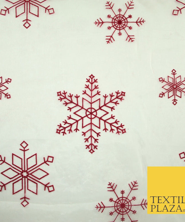 Ivory Maroon Large Flocked Snowflakes Organza Festive Christmas Fabric 58" 8234