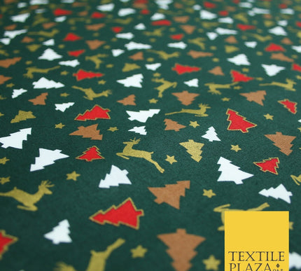 RED / GREEN GOLD Festive Trees Reindeers Stars Xmas Printed 100% Cotton Fabric