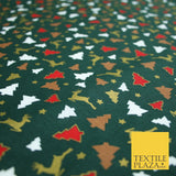 RED / GREEN GOLD Festive Trees Reindeers Stars Xmas Printed 100% Cotton Fabric