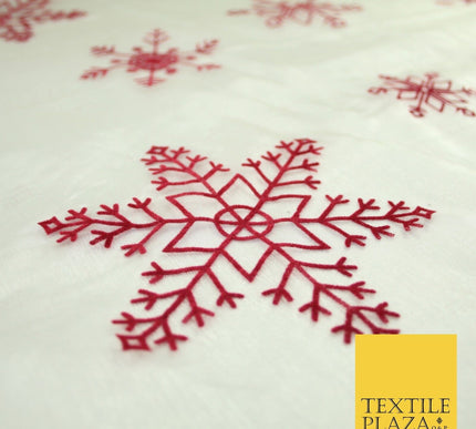 Ivory Maroon Large Flocked Snowflakes Organza Festive Christmas Fabric 58" 8234
