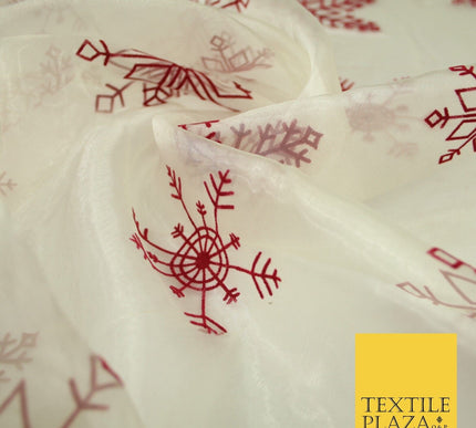 Ivory Maroon Large Flocked Snowflakes Organza Festive Christmas Fabric 58" 8234