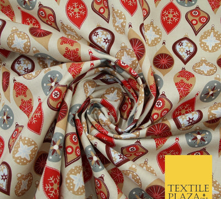 3 COLOURS - Festive Christmas Baubles Decorative Xmas Printed 100% Cotton Fabric
