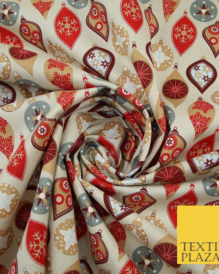 3 COLOURS - Festive Christmas Baubles Decorative Xmas Printed 100% Cotton Fabric