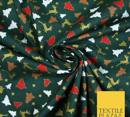 RED / GREEN GOLD Festive Trees Reindeers Stars Xmas Printed 100% Cotton Fabric