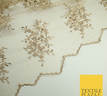 Beige Gold Floral Cluster Scalloped Edge Embroidered Net Lace Dress Fabric 8235