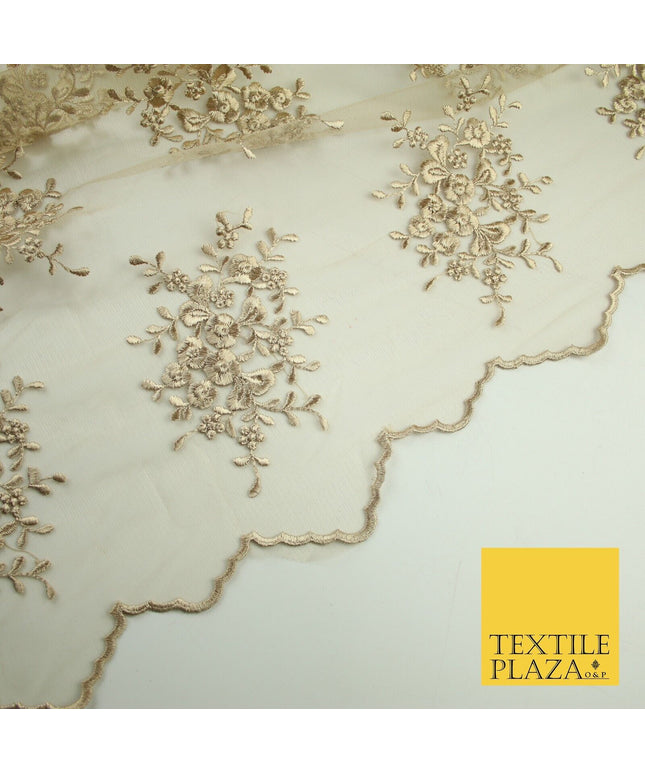 Beige Gold Floral Cluster Scalloped Edge Embroidered Net Lace Dress Fabric 8235
