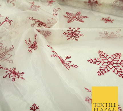Ivory Maroon Large Flocked Snowflakes Organza Festive Christmas Fabric 58" 8234