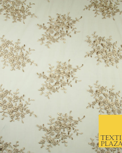 Beige Gold Floral Cluster Scalloped Edge Embroidered Net Lace Dress Fabric 8235