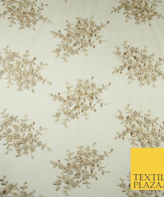 Beige Gold Floral Cluster Scalloped Edge Embroidered Net Lace Dress Fabric 8235