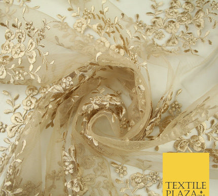 Beige Gold Floral Cluster Scalloped Edge Embroidered Net Lace Dress Fabric 8235