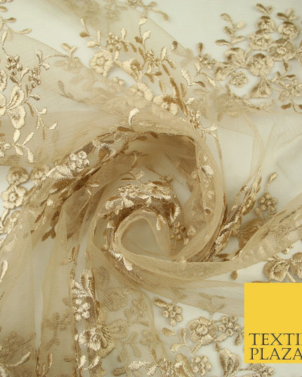 Beige Gold Floral Cluster Scalloped Edge Embroidered Net Lace Dress Fabric 8235