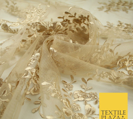 Beige Gold Floral Cluster Scalloped Edge Embroidered Net Lace Dress Fabric 8235