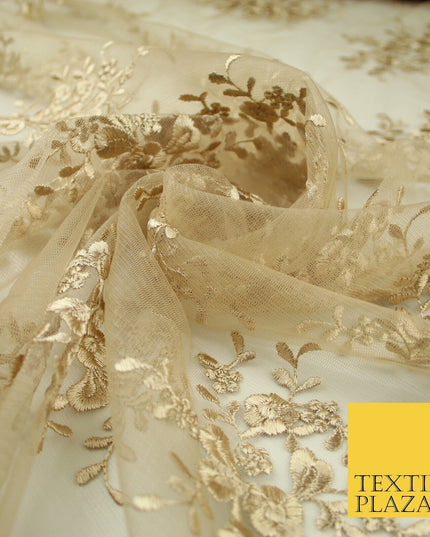 Beige Gold Floral Cluster Scalloped Edge Embroidered Net Lace Dress Fabric 8235