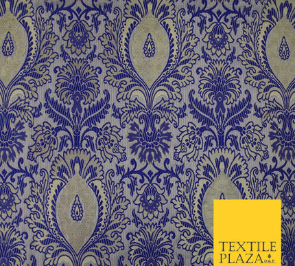 Royal Blue Gold Ornamental Fancy Motif Metallic Brocade Dress Fabric 56" 7449