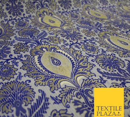 Royal Blue Gold Ornamental Fancy Motif Metallic Brocade Dress Fabric 56" 7449