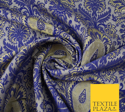 Royal Blue Gold Ornamental Fancy Motif Metallic Brocade Dress Fabric 56" 7449