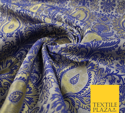 Royal Blue Gold Ornamental Fancy Motif Metallic Brocade Dress Fabric 56" 7449