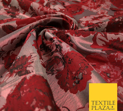 Falling Maroon Artsy Flowers Metallic Lame Brocade Jacquard Dress Fabric