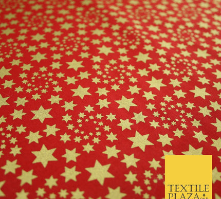 RED / GOLD Metallic Stars Festive Printed 100% Cotton Fabric Dress Craft 8239