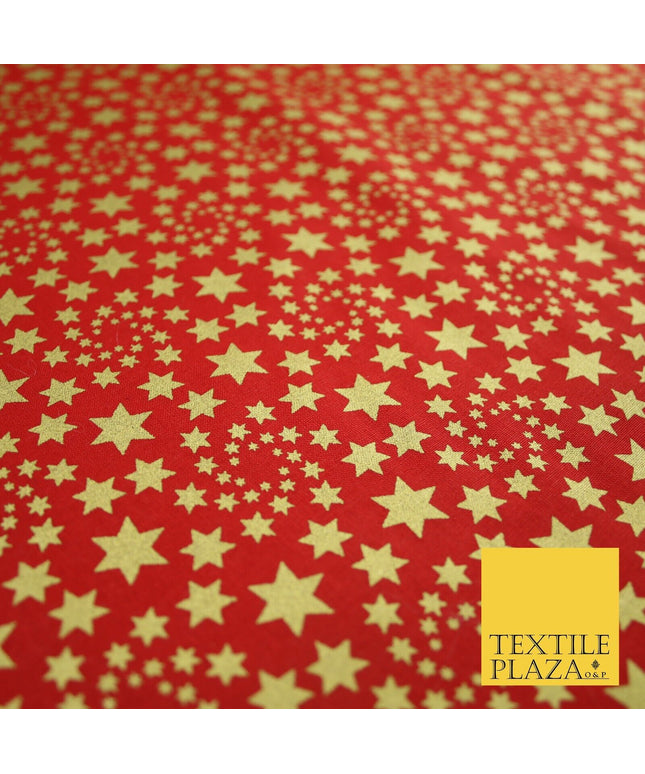 RED / GOLD Metallic Stars Festive Printed 100% Cotton Fabric Dress Craft 8239