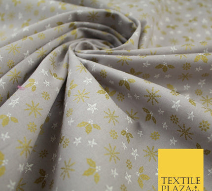 Grey Gold Metallic Snowflake Star Holly Festive Printed 100% Cotton Fabric 8240