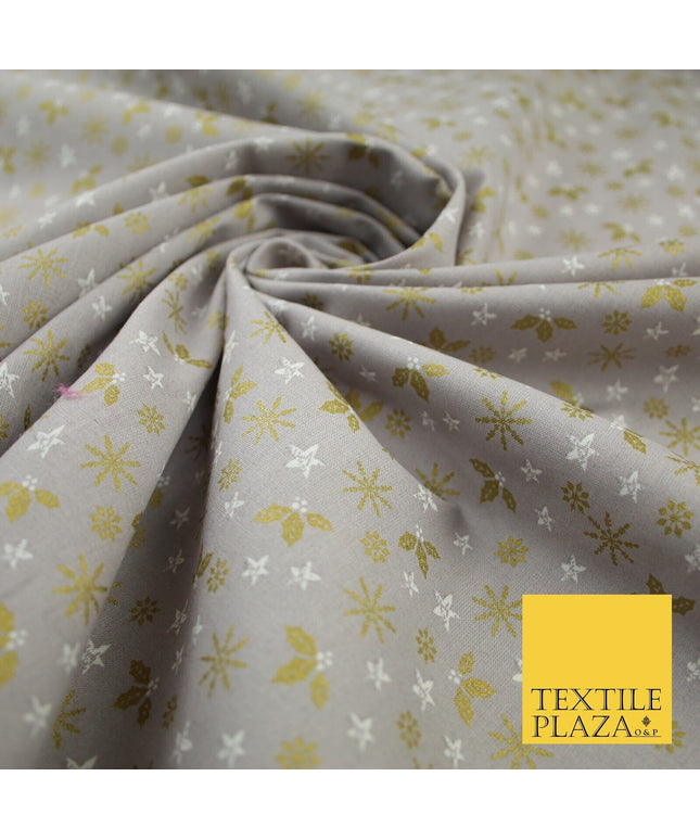 Grey Gold Metallic Snowflake Star Holly Festive Printed 100% Cotton Fabric 8240