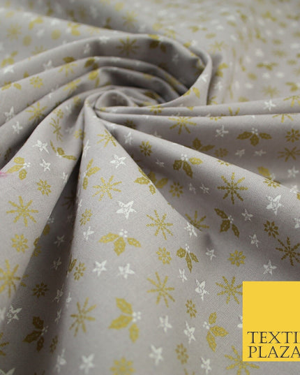 Grey Gold Metallic Snowflake Star Holly Festive Printed 100% Cotton Fabric 8240