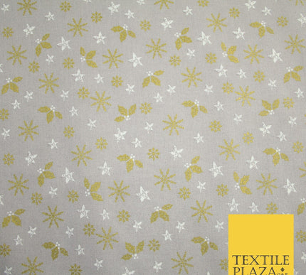Grey Gold Metallic Snowflake Star Holly Festive Printed 100% Cotton Fabric 8240