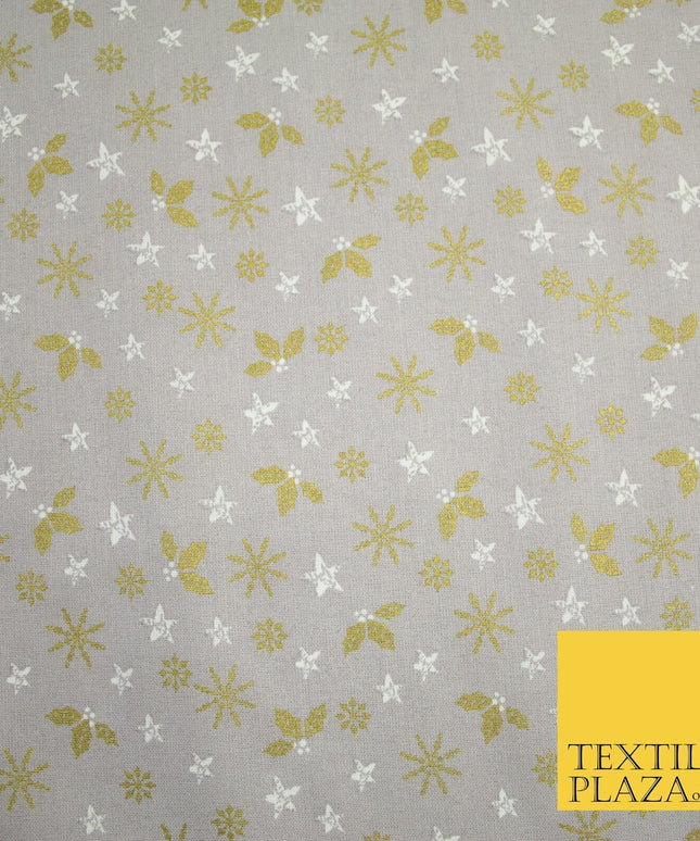 Grey Gold Metallic Snowflake Star Holly Festive Printed 100% Cotton Fabric 8240