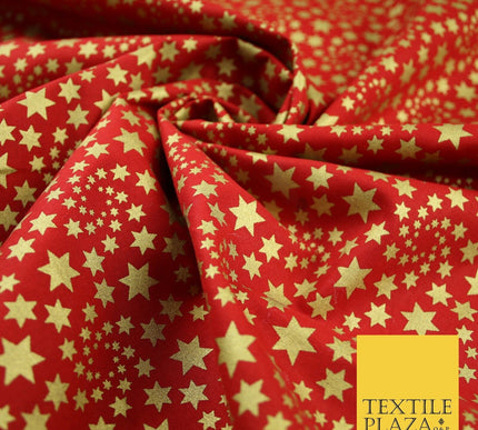 RED / GOLD Metallic Stars Festive Printed 100% Cotton Fabric Dress Craft 8239